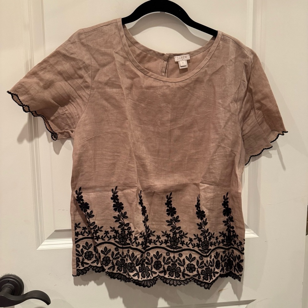 J. Crew Short-Sleeve Linen Top with Black Floral Embroidery